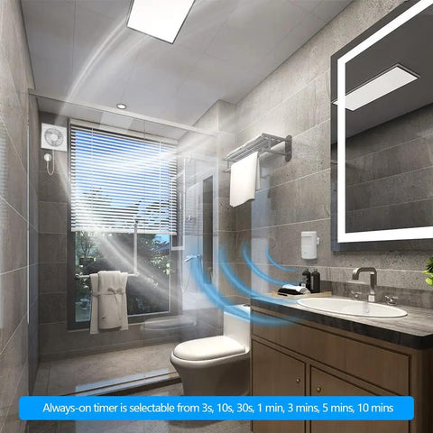 Bathroom with Plug In Wireless Motion Activated Light Controller, 120° field, sensing range up to 39 feet, motion detector visible