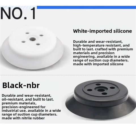 Heavy Duty Industrial Vacuum Suction Cup With Square Tube Intake For Automatic Manipulators. White silicone and black nitrile rubber pads displayed.