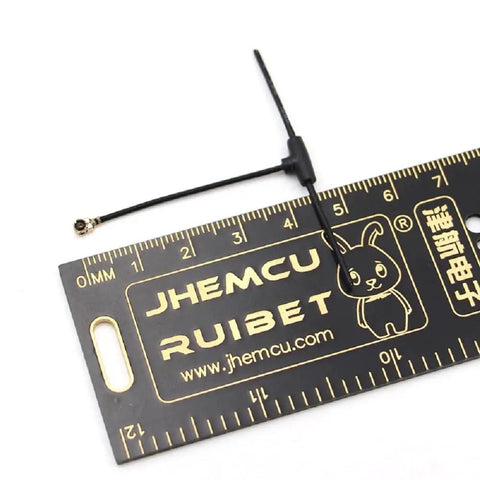 Dual ELRS 2.4GHz Mini T Antenna Pack IPX1 UFL 40mm 70mm Red next to a ruler, showing ultra lightweight 2.6g, 55mm long size.