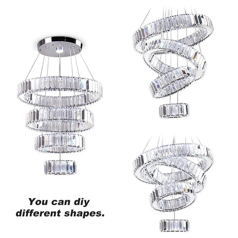 Four Ring LED Crystal Chandelier With Adjustable Ring Sizes, Sleek Stainless Steel Modern Ceiling Light, different shape designs visible