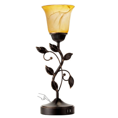 Touch Control Table Lamp With Two USB Ports, 3-Way Dimmable Bedside Light, Amber Glass Shade, Vintage Bronze Leaf Design