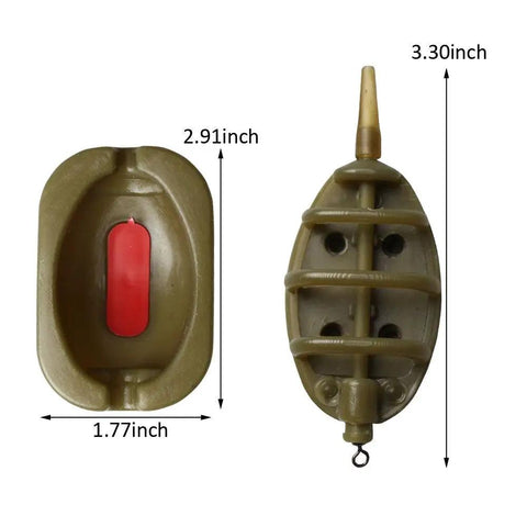 Inline Method Feeder Set For Carp Fishing With Four Inline Feeders And One Rubber Mold Includes 15G 20G 25G And 35G Weights And A Durable Plastic Mold Great For Freshwater Carp Angling Gear showing dimensions for each item