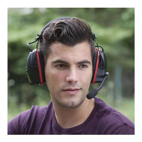 Man wearing Wireless Bluetooth Earmuffs with Boom Microphone for hands free calls and music streaming on the job site.