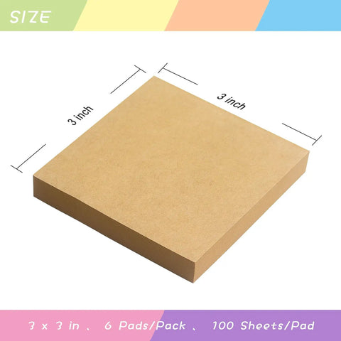 3x3 Self Stick Sticky Notes Set In 6 Bright Colors For Office School And Home, Easy To Post And Reuse, 6 Pads Per Pack With 100 Sheets Per Pad, Total 600 Sheets, Kraft Paper Notes For Quick Doodles And Reminders; showing one pad in kraft color with dimensions.