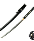 Unsharpened Stainless Steel Wakizashi Iaito for Iaido Practice, 21 inch blade with bo hi fuller, black sheath and Tomoe crest hilt