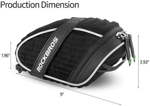 Under-Seat Bike Seat Bag, 3D Shell Saddle Pack With Waterproof Zipper, Shock-Resistant Cushion, showing dimensions and upgraded straps
