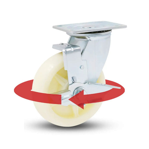Tough As Nails Heavy Duty Swivel Casters With Lock Brakes And Silent Rolling Nylon Wheels For Garage Trolley Workbench Furniture Industrial Plate Mount Rollers 4 Pack, close-up of a swivel caster with a thick nylon wheel.
