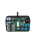 Pro Grade Network Tool Kit For Cat Five Cable Installation And Maintenance displayed with tools in case