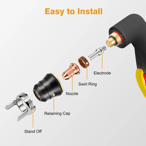 Exploded view of 6 Piece S45 Plasma Cutter Torch Consumables Kit Including Retaining Cap Stand Off and Swirl Ring for S45 Torch Maintenance
