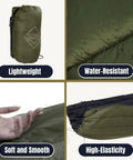 Insulated Hammock Underquilt For Camping And Hiking Sorona Quilt showing lightweight, water-resistant, soft, and high-elasticity features.