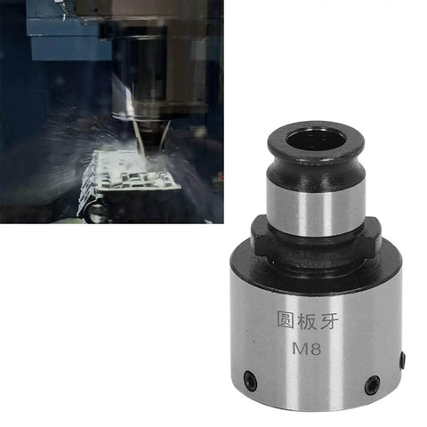Carbon Steel Round Die Tapping Collet Chuck GT12 M8 for lathe tool with hex wrench, precision threading accessory.