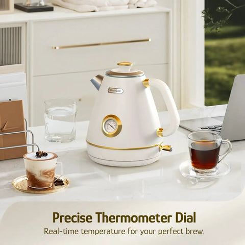 Retro Electric Kettle With Thermometer 1.7 Liter All Stainless Steel 1200 Watt Fast Boil Cordless BPA Free Auto Shut Off With Precise Temperature Reading Pearl White on kitchen counter