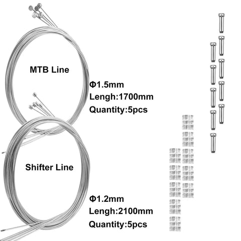 10 Piece Bike Brake Cable And Shifter Cable Set For Mountain And Road Bikes Compatible With Shimano And SRAM Includes Front And Rear Internal Cables 10 Cable End Crimps And 10 Silicone O Rings For Smooth Braking displaying cables and crimps
