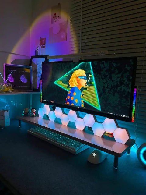 Hexagon LED Wall Panels 6 pack with remote and touch control, RGB lights under monitor in game room decor