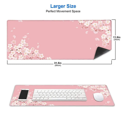 Pink Cherry Blossom Desk Pad 31.5 By 11.8 Inches With Non Slip Rubber Base Large Gaming Mouse Pad For Work And Play on desk