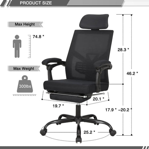 Mesh Ergonomic Office Chair With Footrest Headrest And Adjustable Backrest 90 To 135 Degrees side view with measurements