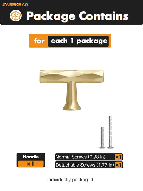 Brushed Gold Cabinet Knob package with one hammered brass handle, normal screw (0.98 in), detachable screw (1.77 in) included.