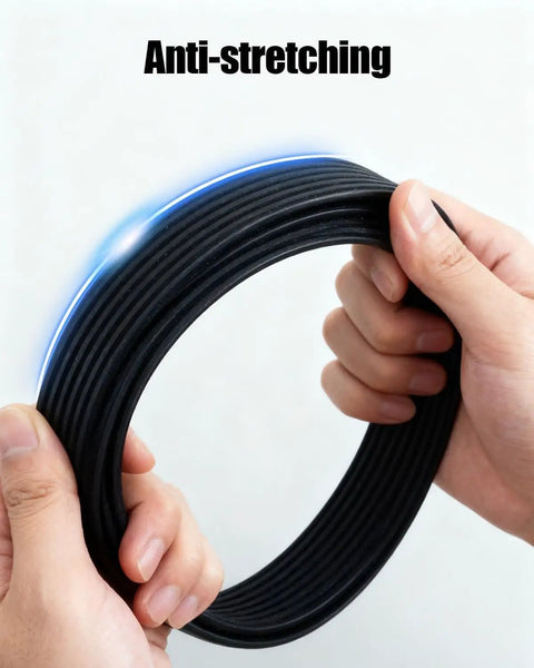 Hands demonstrating the flexibility of a Heavy Duty Serpentine Drive Belt For Dodge Ram 2500 And 3500 Trucks 1994-2002 With 5.9L V8 Engine Replaces K080810HD And 8PK2058HD Tough Ride Gear.