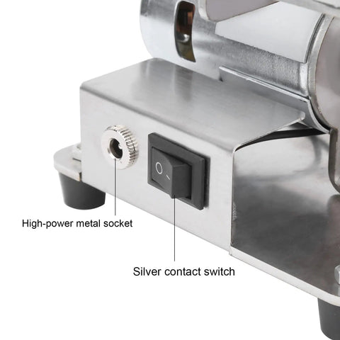 Close-up of Aunmas 775 Electric Belt Sander with high-power metal socket and silver contact switch for operation.