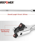 15 Inch Breaker Bar With 1/2 Inch Drive And 3/8 Inch Drive Flex Handle For Heavy Duty Use, chrome finish, close-up of spring-loaded ball bearing.