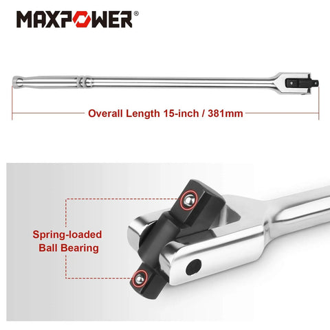 15 Inch Breaker Bar With 1/2 Inch Drive And 3/8 Inch Drive Flex Handle For Heavy Duty Use, chrome finish, close-up of spring-loaded ball bearing.