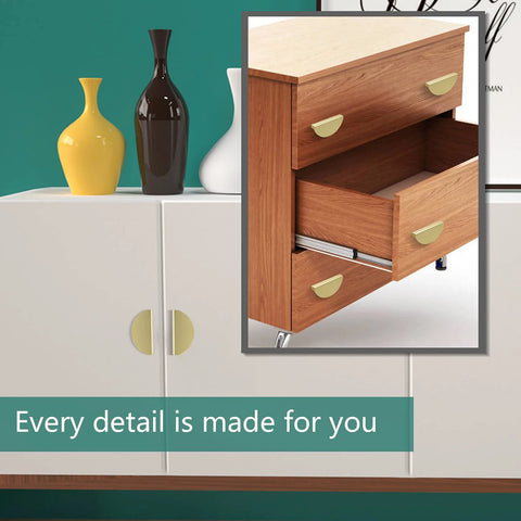 Brushed Brass Half Moon Cabinet Pulls 4 Pack semicircle drawer handles installed on wood drawers in modern furniture setting
