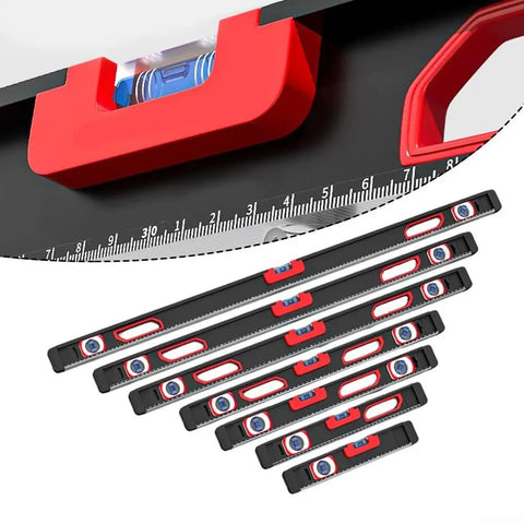 High Precision Aluminum Alloy Level with Exposed Magnets showing level vials and measurement markings on black surface.
