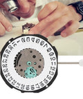 Three Hands Quartz Watch Movement With Double Calendar Kit for Pro Repair and DIY Enthusiasts, close-up of metal mechanism