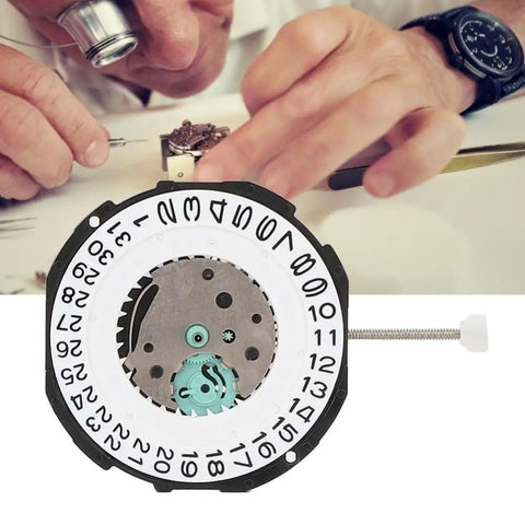 Three Hands Quartz Watch Movement With Double Calendar Kit for Pro Repair and DIY Enthusiasts, close-up of metal mechanism