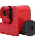 Close-up of a red Compact Mini Tubing Cutter Tool, All Steel Alloy Build, Cuts Soft Copper, Brass, And Aluminum 3 Through 22mm