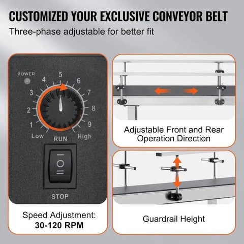 Industrial Conveyor Table 59 By 7.8 Inch Stainless Steel Belt System With 60W Motor Electric, adjustable speed and guardrail