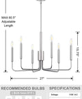 6 Light Rustic Industrial Chandelier With Brushed Nickel Finish For Dining Room Living Room Kitchen Island Foyer Candle Style Ceiling Light Fixture Dope Overhead Lighting with dimensions.