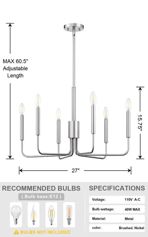 6 Light Rustic Industrial Chandelier With Brushed Nickel Finish For Dining Room Living Room Kitchen Island Foyer Candle Style Ceiling Light Fixture Dope Overhead Lighting with dimensions.