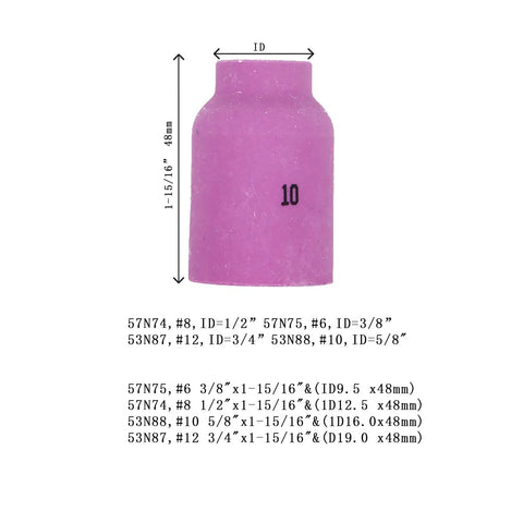 Pro Grade TIG Welding Ceramic Nozzle Cup Set Beefed Up 10 Pack for WP 17 18 26 Torch Sizes 6 8 10 12 shown in pink, size #10