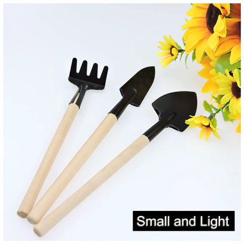 Mini Garden Tools Set 3 Piece Rake Trowel Shovel For Seedlings Bonsai Succulents And Terrariums with Wooden Handles