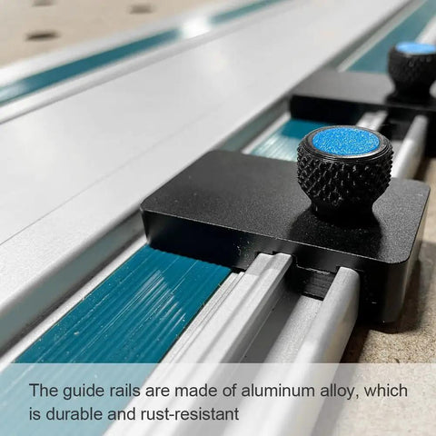 Close-up of Heavy Duty 110 Inches Aluminum Guide Rail For Track Saws And Routers With Connector Kit showcasing durable aluminum and secure joint design.