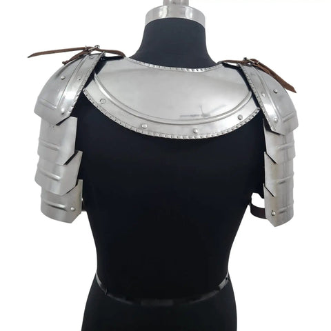 Back view of Medieval Steel Gorget With Pauldrons And Vambrace Set Adjustable Gothic Knight Armor on mannequin