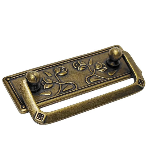 4 Pack Antique Brass Bail Drawer Pulls 2.5 Inch Drop Swing Handles with floral design, zinc alloy back plate, vintage look