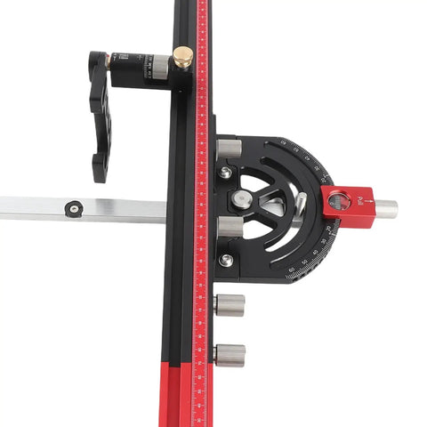 Close-up of Pro Grade Table Saw Miter Guide With 13 Positive Angle Stops, Extendable Fence, Aluminum Alloy Crosscut Sled for Woodworking.