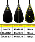 Three outrigger paddle blades with measurements and sizes table; Hybrid Outrigger Paddle With Teardrop Carbon Blade And Fiberglass Reinforced Wooden Bent Shaft For Waka Ama Vaa L 50 Inches Lightweight Pro Grade Paddle Built For Ease Of Catch And Power Durable All Around Water Sports Paddle.
