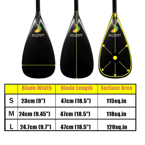 Three outrigger paddle blades with measurements and sizes table; Hybrid Outrigger Paddle With Teardrop Carbon Blade And Fiberglass Reinforced Wooden Bent Shaft For Waka Ama Vaa L 50 Inches Lightweight Pro Grade Paddle Built For Ease Of Catch And Power Durable All Around Water Sports Paddle.