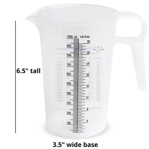 32oz One Quart Measure Pitcher With Conversion Chart, Extra Strong Food Grade Polypropylene, BPA Free, clear measuring jug front view