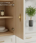 Cabinet Door Catch Magnetic Latch With Solid Copper Build And Gold Tone Finish for Wardrobe Cupboards shown on open cabinet door.