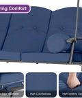 Outdoor Patio Porch Swing With Stand For Three Cushions And Pillow Included Navy Blue All Weather Steel Frame close-up