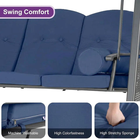 Outdoor Patio Porch Swing With Stand For Three Cushions And Pillow Included Navy Blue All Weather Steel Frame close-up
