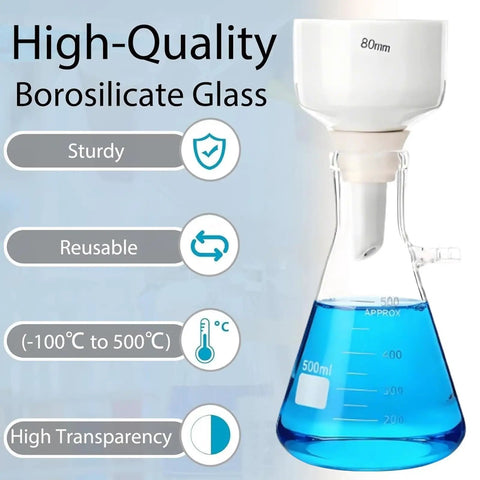500 Ml Vacuum Filtration Kit With Buchner Funnel And Handheld Vacuum Pump Includes Filter Paper Pack Stoppers Tubing Cleaning Brush And An 80mm Porcelain Funnel Complete Lab Filtration Set For Quick Pro Grade Filtering with borosilicate glass 500ml flask and 80mm funnel visible.