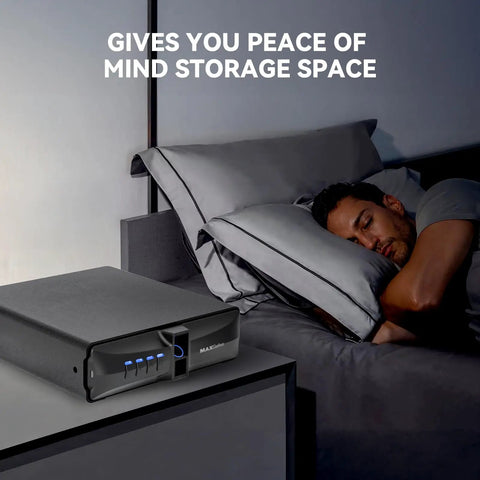 Heavy Duty Under Desk Gun Safe With Top Notch Biometric Finger Vein Lock For Dual Pistol Quick Grab next to a bed at night.