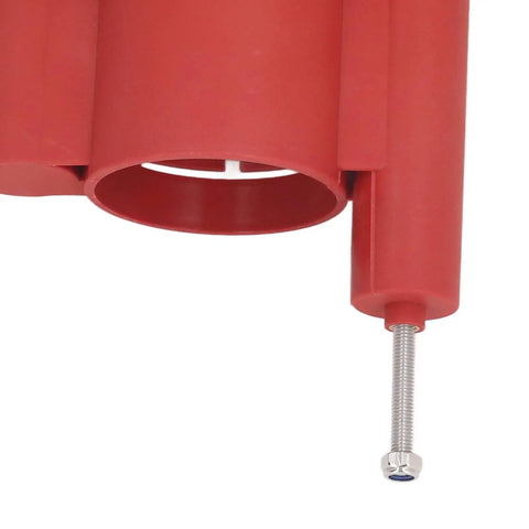 Slick Aluminum Router Lift Kit With Dead Nuts Accurate Dial Scale Flip Plate detailed angle showing red adjustment handle and screw.