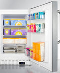 Slick Stainless Steel Undercounter All Freezer For Residential Space Featuring Adjustable Racks Door Bins Towel Bar Grip Smart Thermostat And No Fuss Defrost In A Super Compact Footprint showcasing organized ice cream containers and frozen goods.