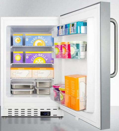 Slick Stainless Steel Undercounter All Freezer For Residential Space Featuring Adjustable Racks Door Bins Towel Bar Grip Smart Thermostat And No Fuss Defrost In A Super Compact Footprint showcasing organized ice cream containers and frozen goods.